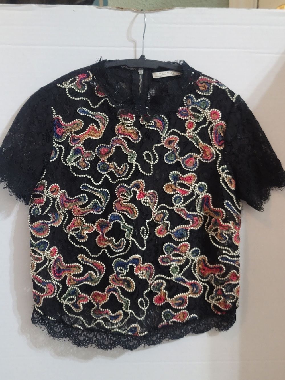 Whinsigoth Colorful Embroidered Black Lace Front Cropped Top Small Zara Trafaluc